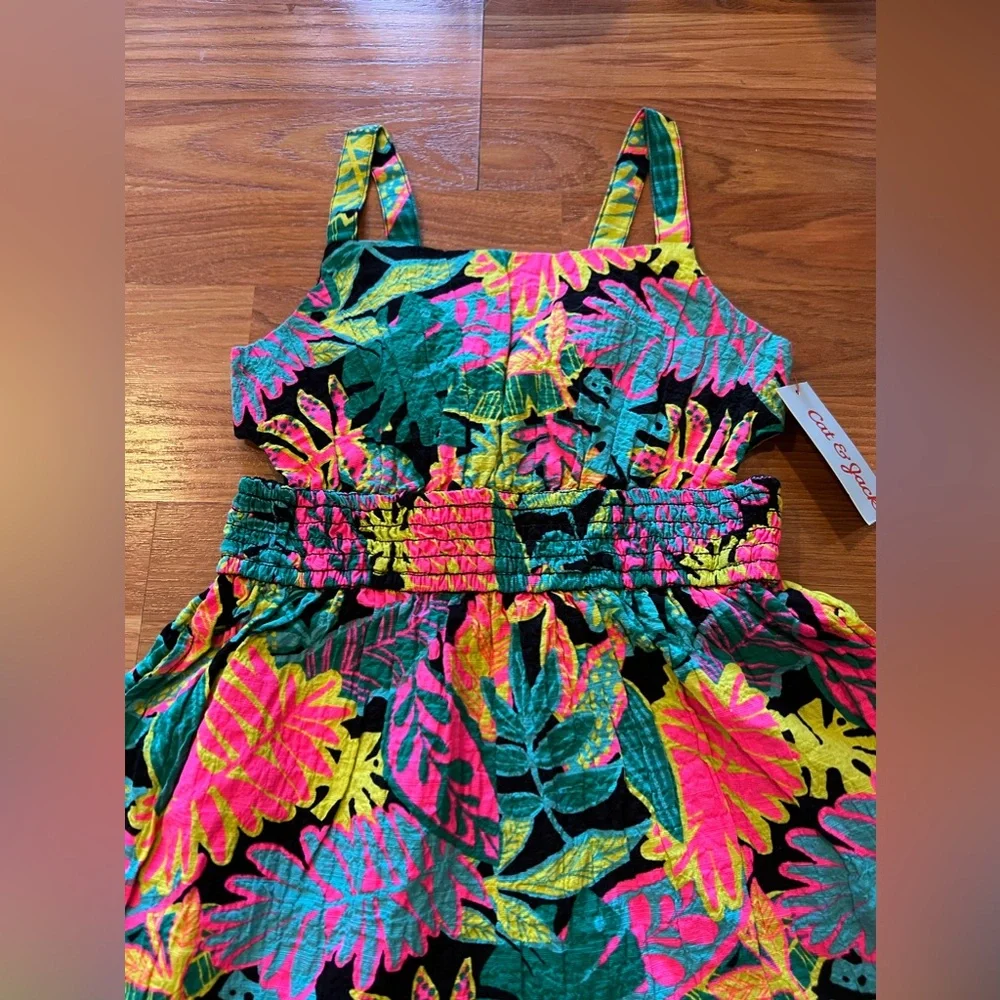 1. Girls Sundress - Tropical Foliage Print Dress - Black w Bright Colors